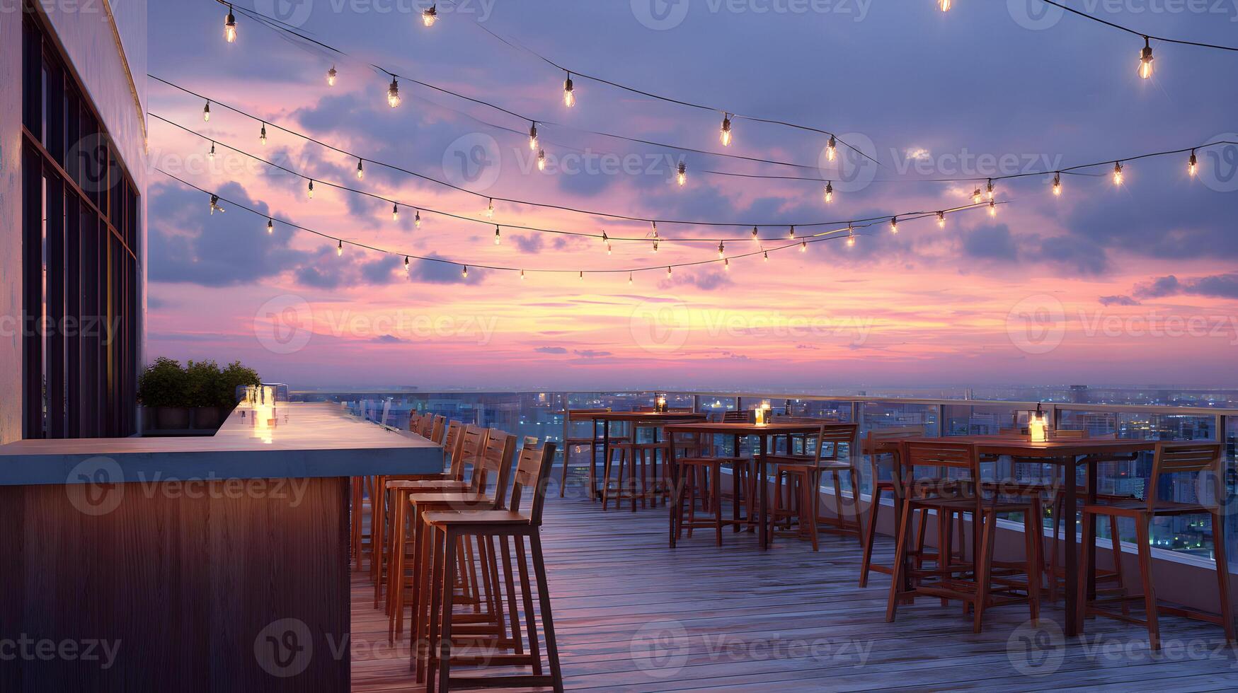 Rooftop Bar with Wooden Furnishings under Strings of Lights at Sunset Skyline photo