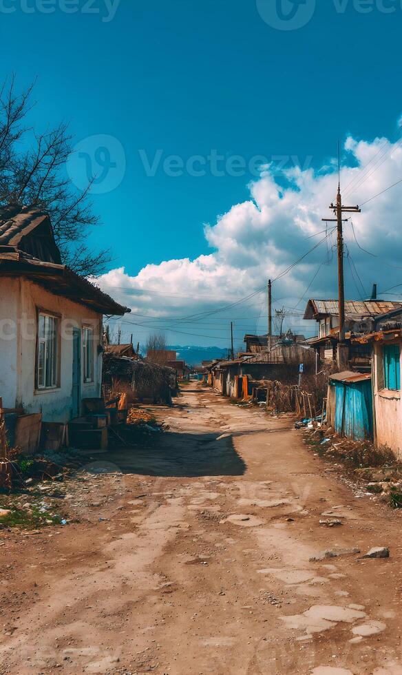 Scenic road in mongolian village with buildings under blue sky and fluffy clouds rural landscape photo