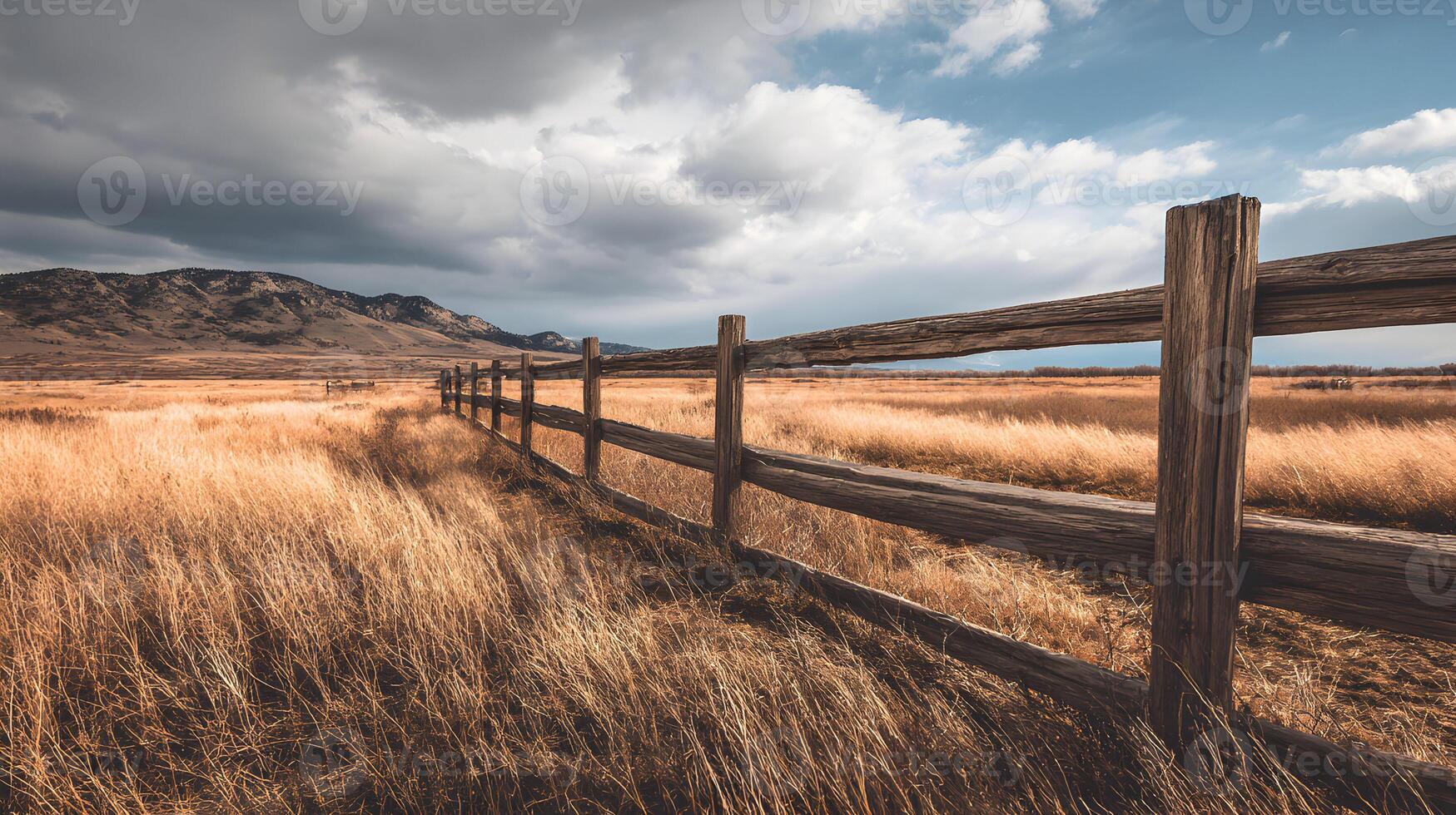 Scenic Rural Landscape Featuring Wooden Fence and Golden Meadow Under Cloudy Sky Open View photo
