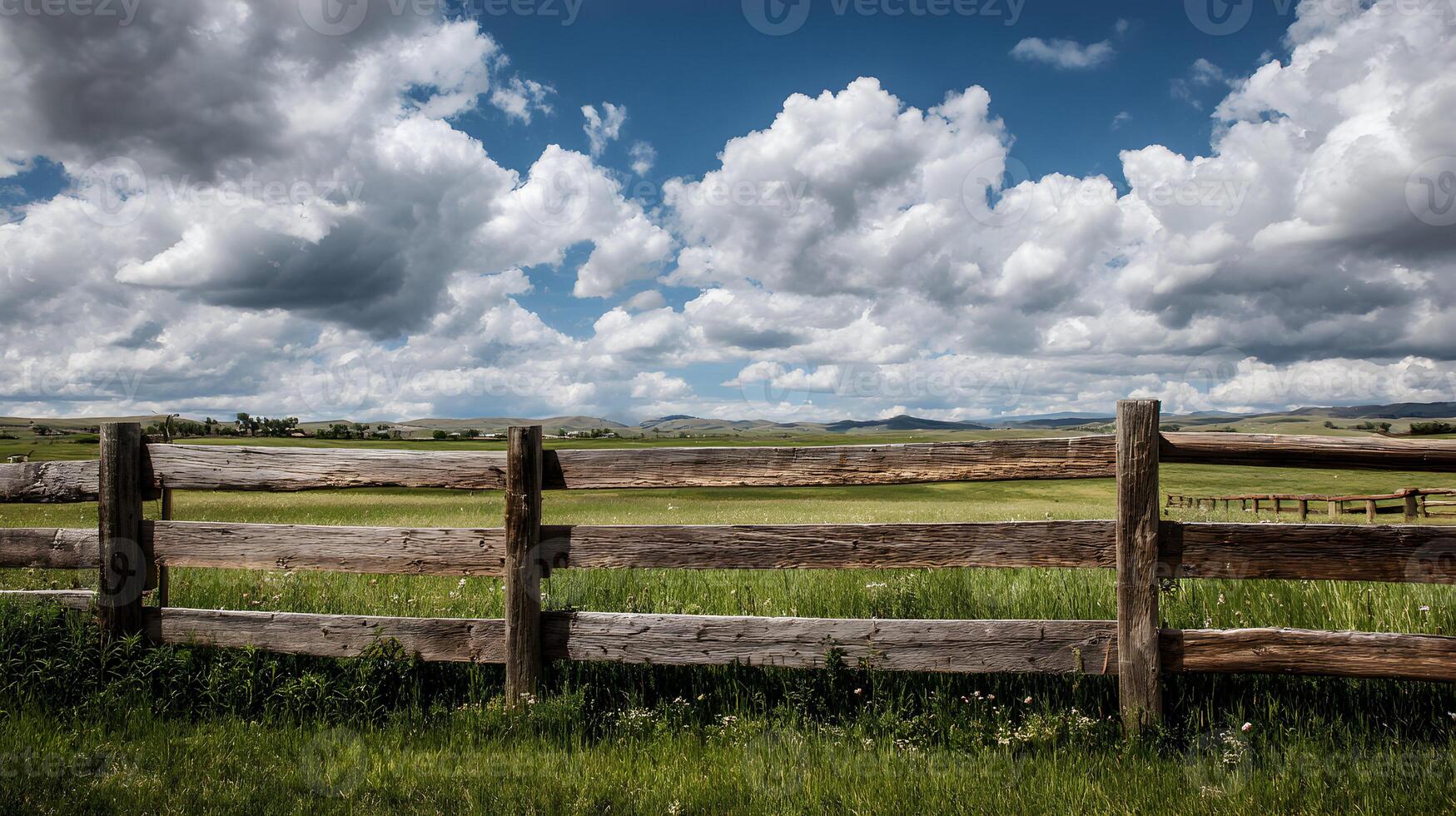 Serene pasture landscape featuring a rustic wooden fence under a cloudy sky peaceful countryside photo