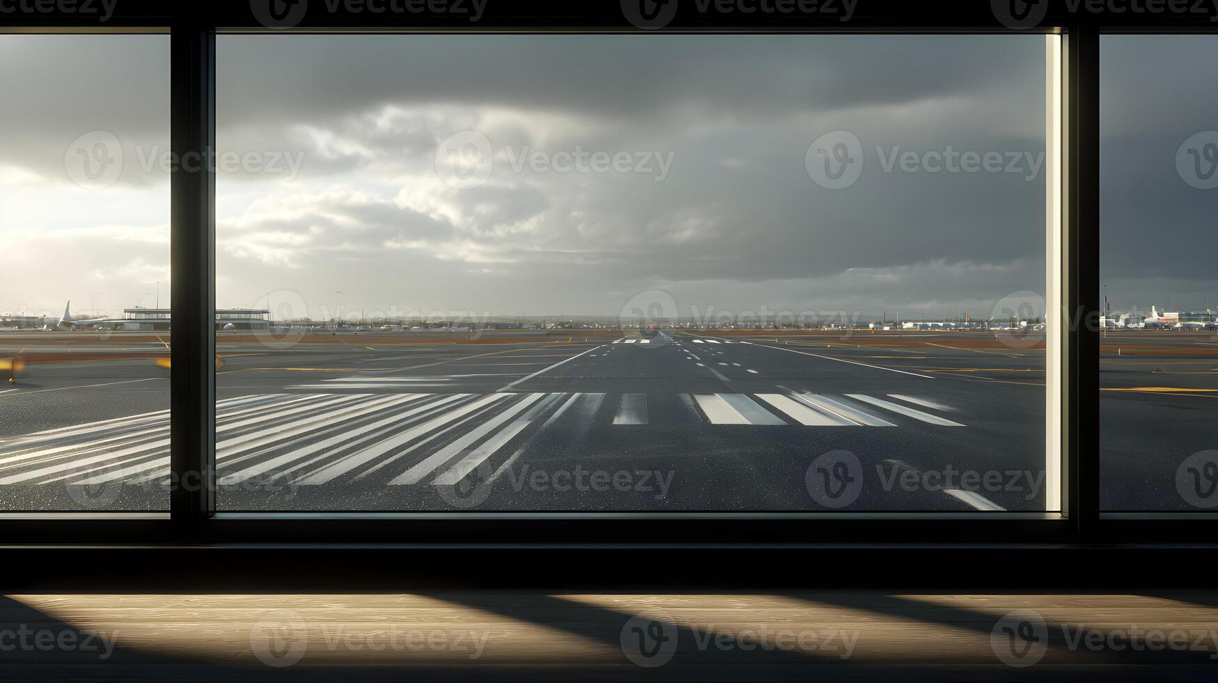 Modern airport terminal window with runway view reflecting dramatic sky scenery Travel backdrop photo