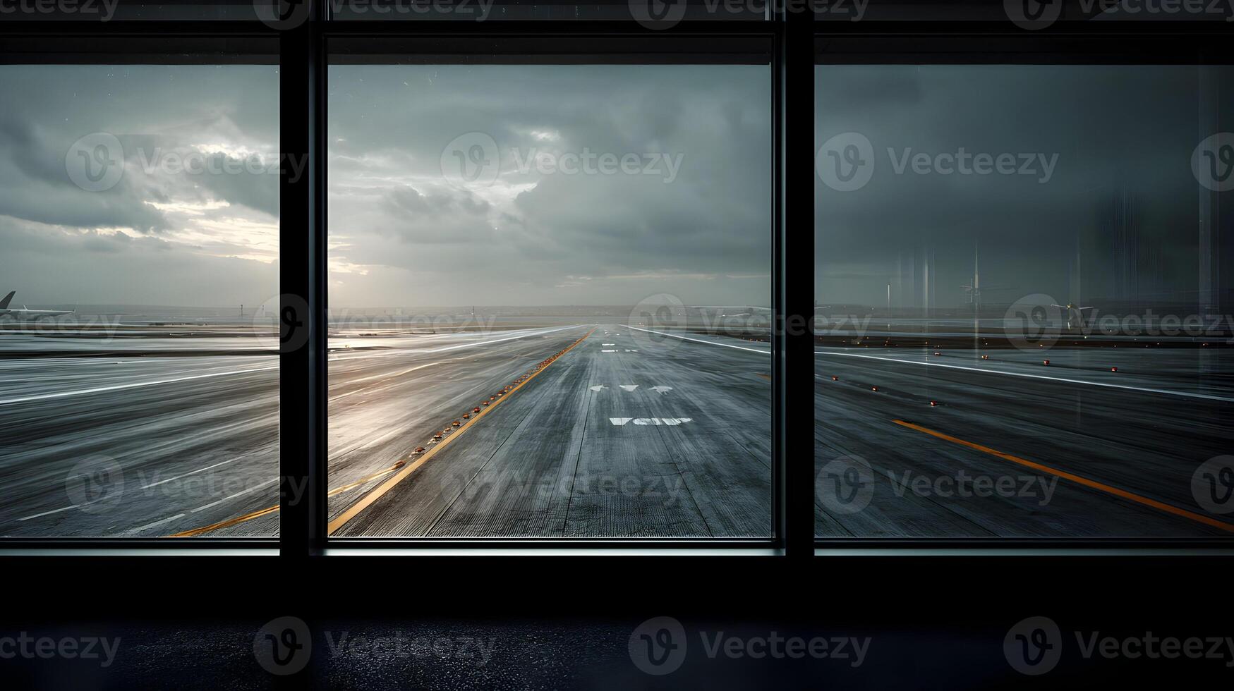 Dramatic Airport Runway View through Large Windows on a Stormy Day Reflective Surface Capturing photo
