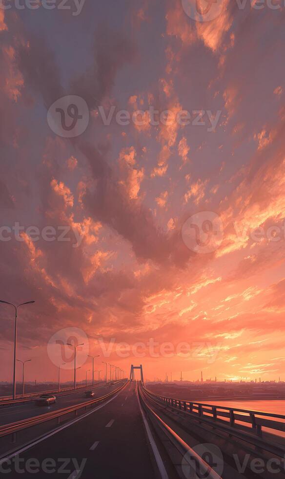 Bridge At Sunset Road Trip with Dramatic Sky Colors Peaceful and Serene Journey over Water with photo