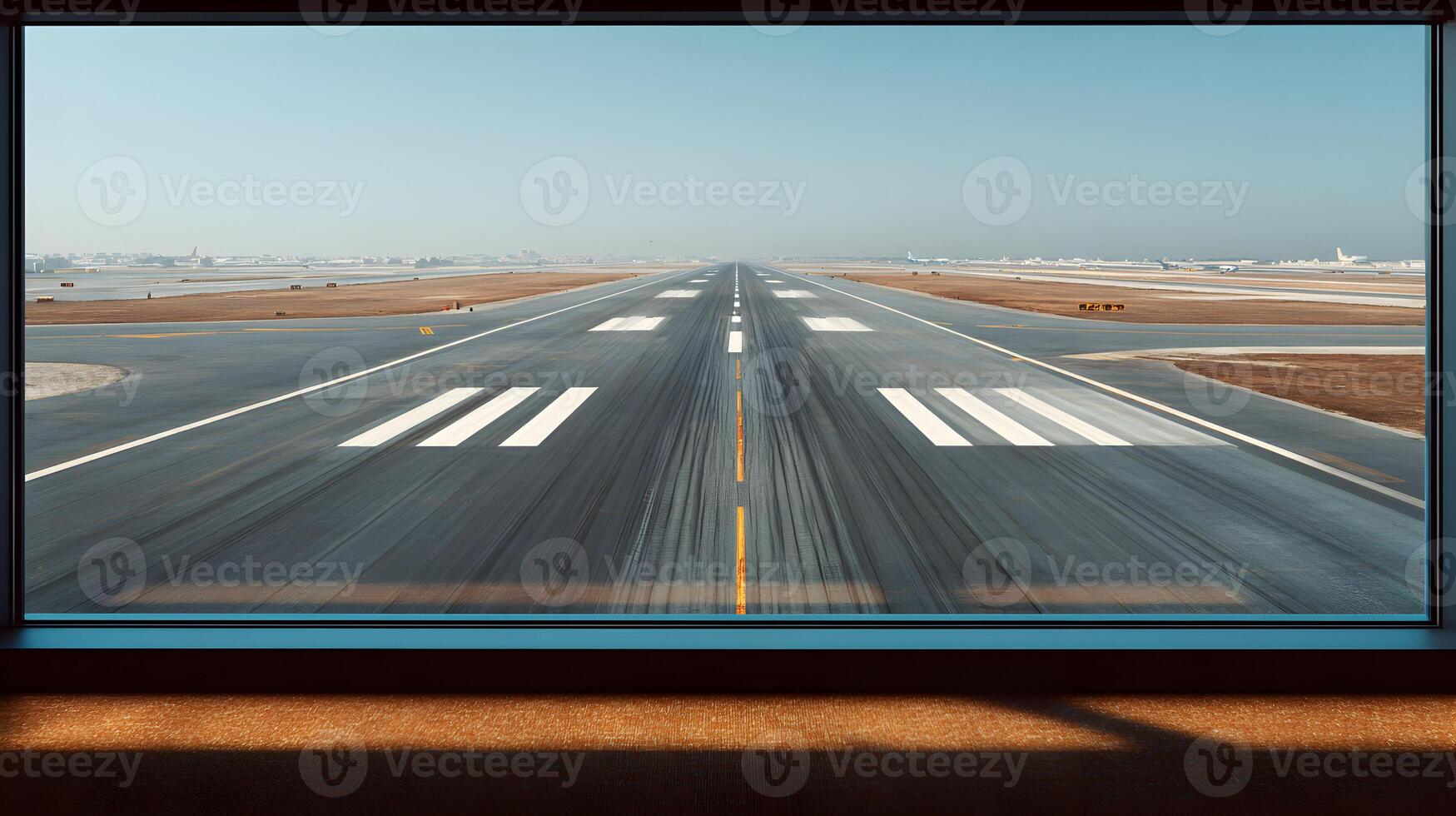 Airport Runway View From Terminal Window With Blurred Motion and Clear Blue Sky for Travel photo