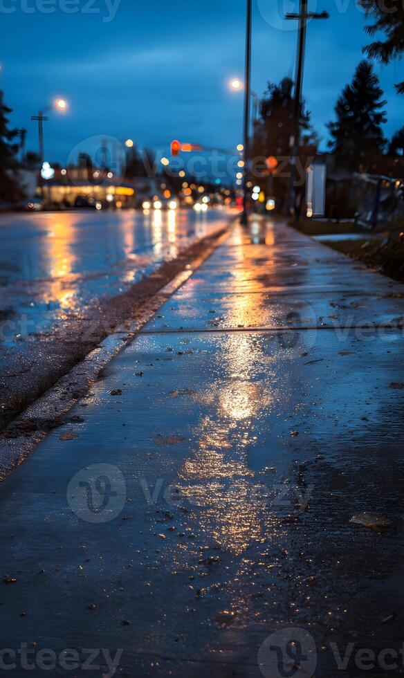 Reflections on a wet urban sidewalk after rain at twilight creating a calming atmosphere with city photo