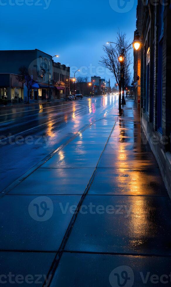 Urban street scene at twilight reflecting streetlights on wet pavement after rain creating moody photo
