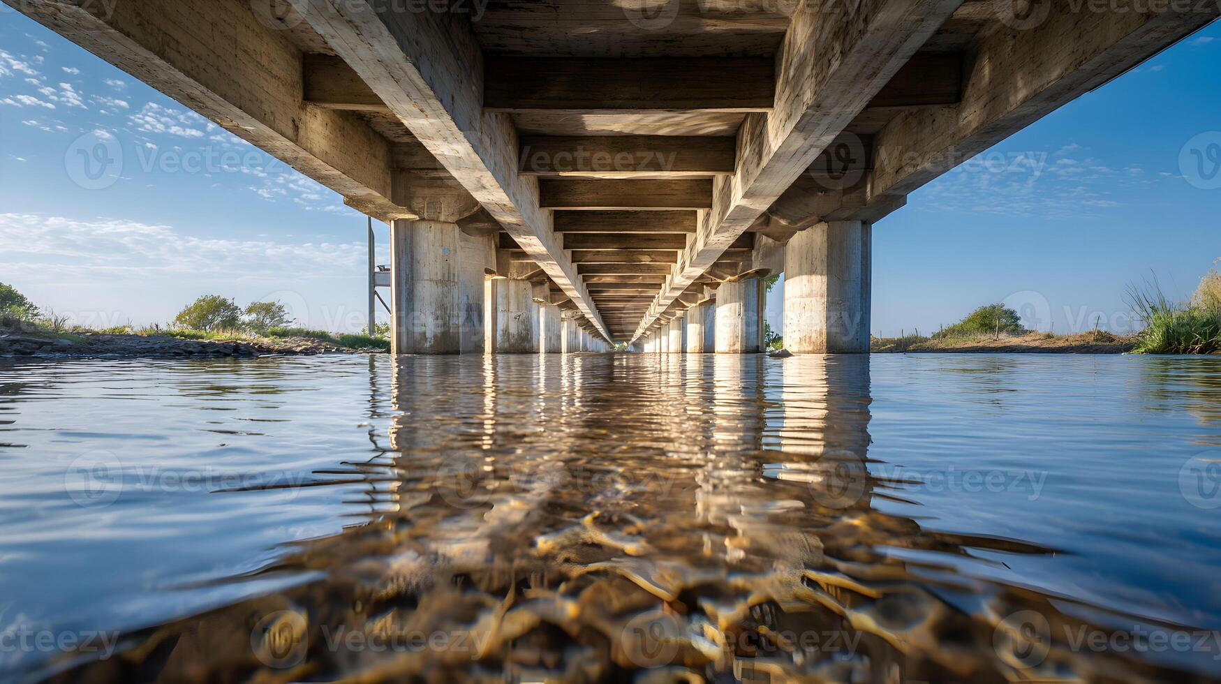 Tranquil Reflection Below a Concrete Span Bridge Over Calm Riverway Scenery Structure Waterscape photo