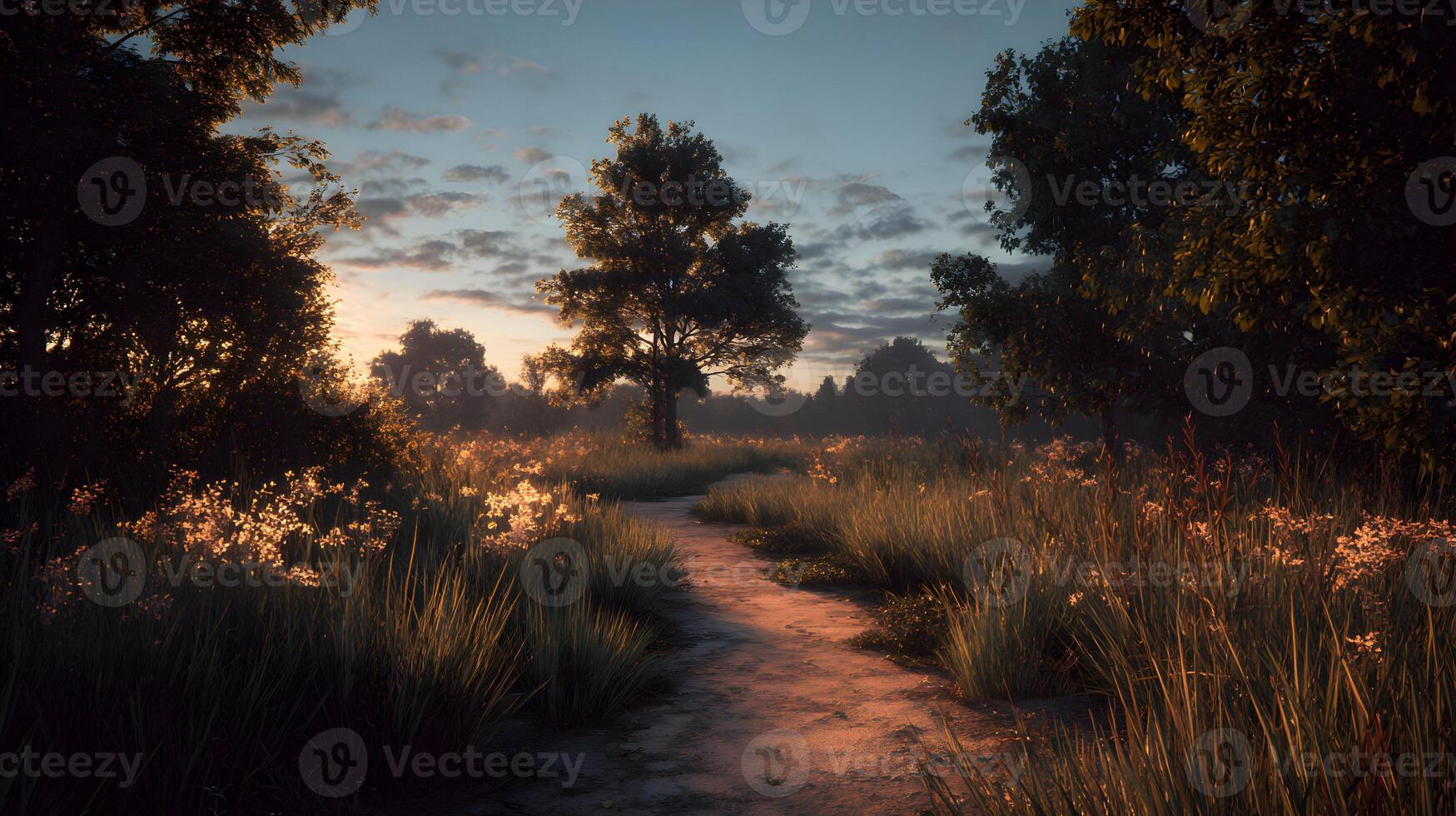 Idyllic landscape with field flowers and dirt path at twilight atmosphere nature scenery peaceful photo