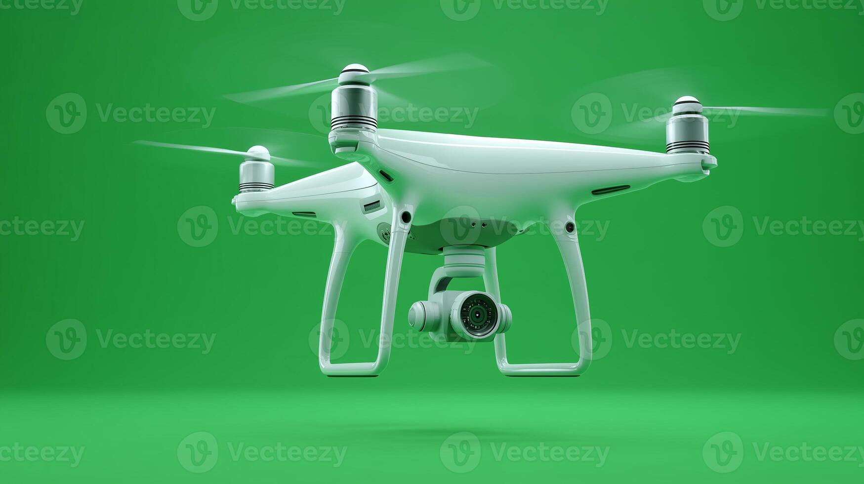 White Quadcopter Drone in Flight on Green Background Front View with Camera photo