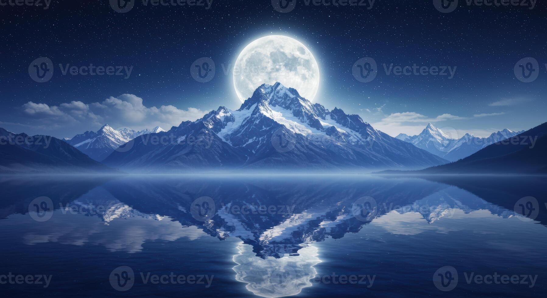 Dramatic mountain landscape under the full moon reflecting in still water at night offering a tranquil scene photo