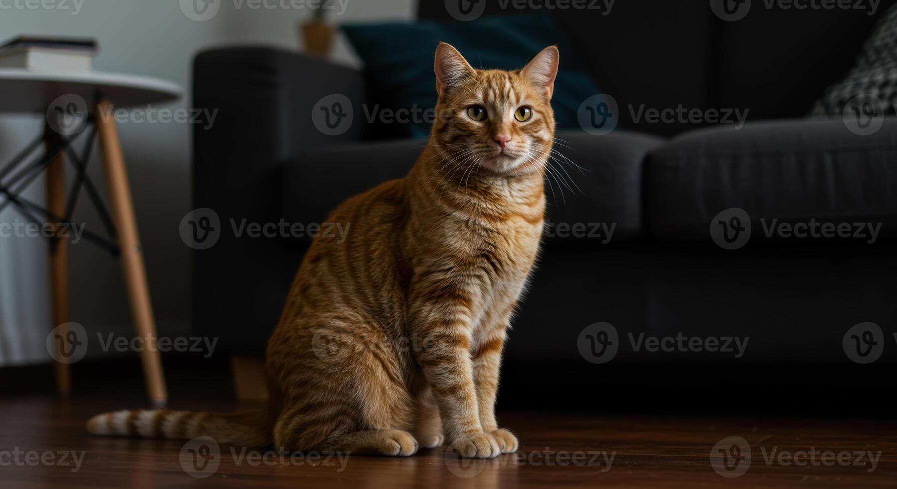 Beautiful ginger tabby cat sitting indoors looking at camera with piercing eyes in a minimalist home setting photo