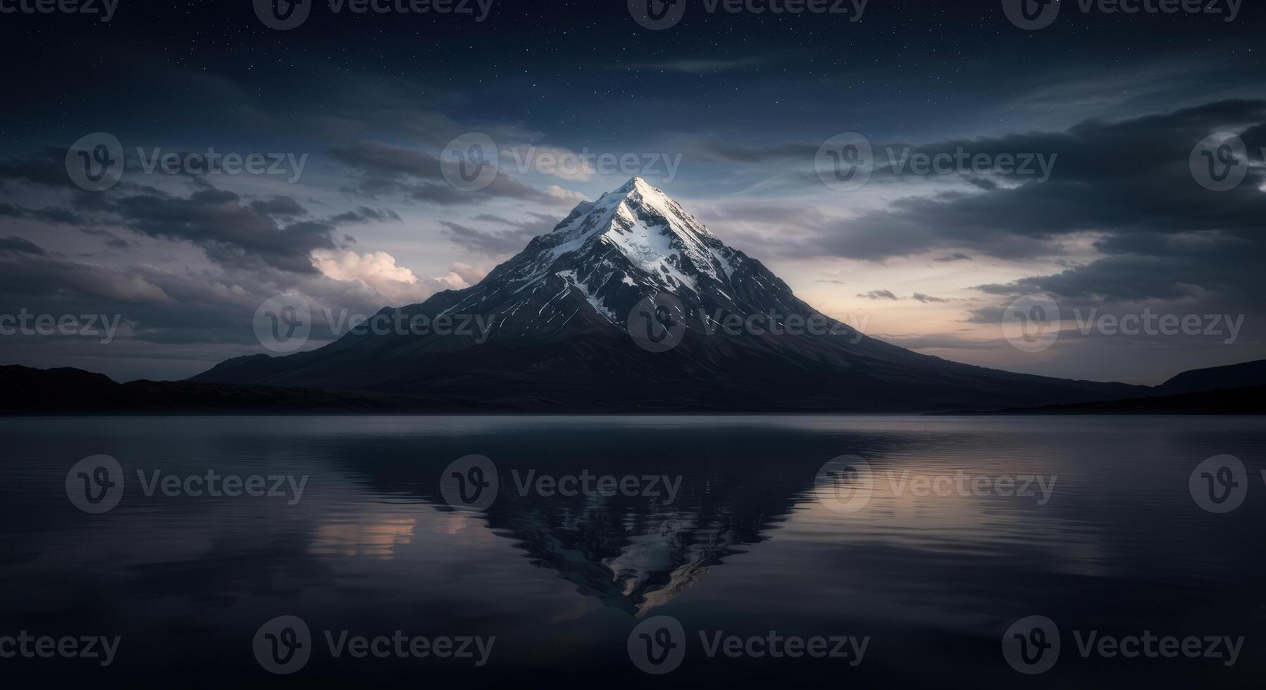 Majestic snow capped mountain peak reflects in a serene lake under the starry night sky landscape evoking peace photo