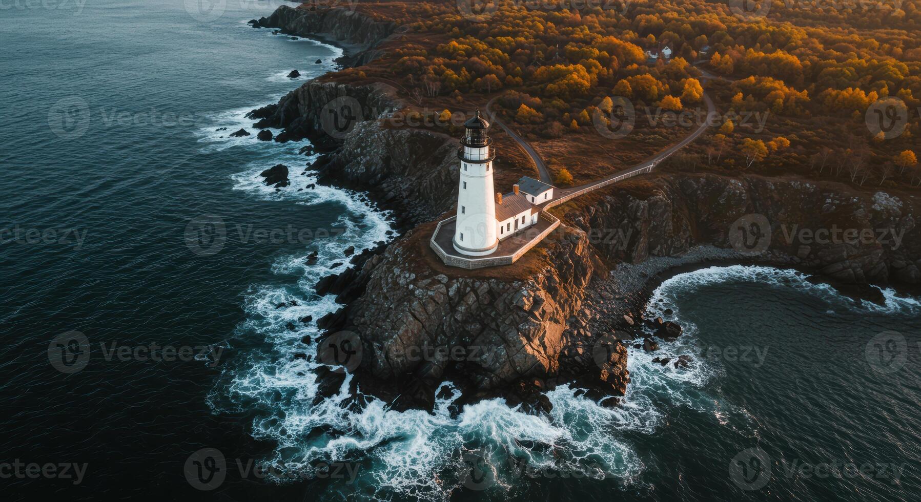 Dramatic aerial view of a picturesque lighthouse on a rugged cliffside along the ocean coast during a colorful autumn season photo