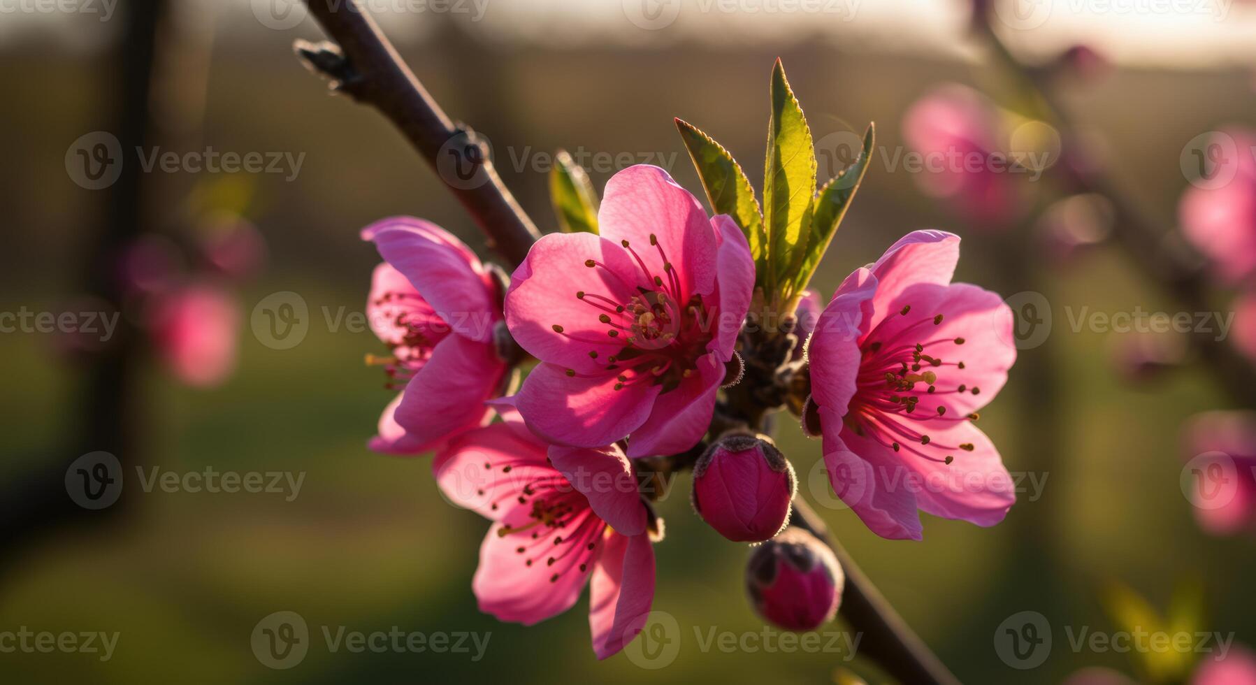 Delicate pink peach blossoms in springtime macro bloom with petals shining with a soft warm sunlight photo