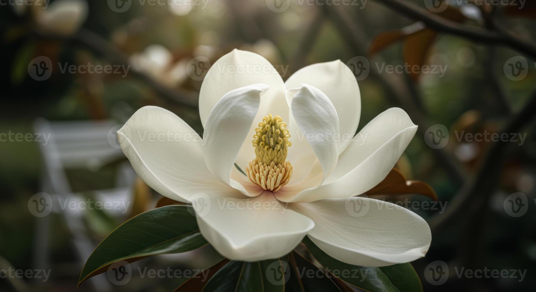 Creamy magnolia blossom shows vibrant yellow pistils and lush leaves in an elegant natural garden setting photo