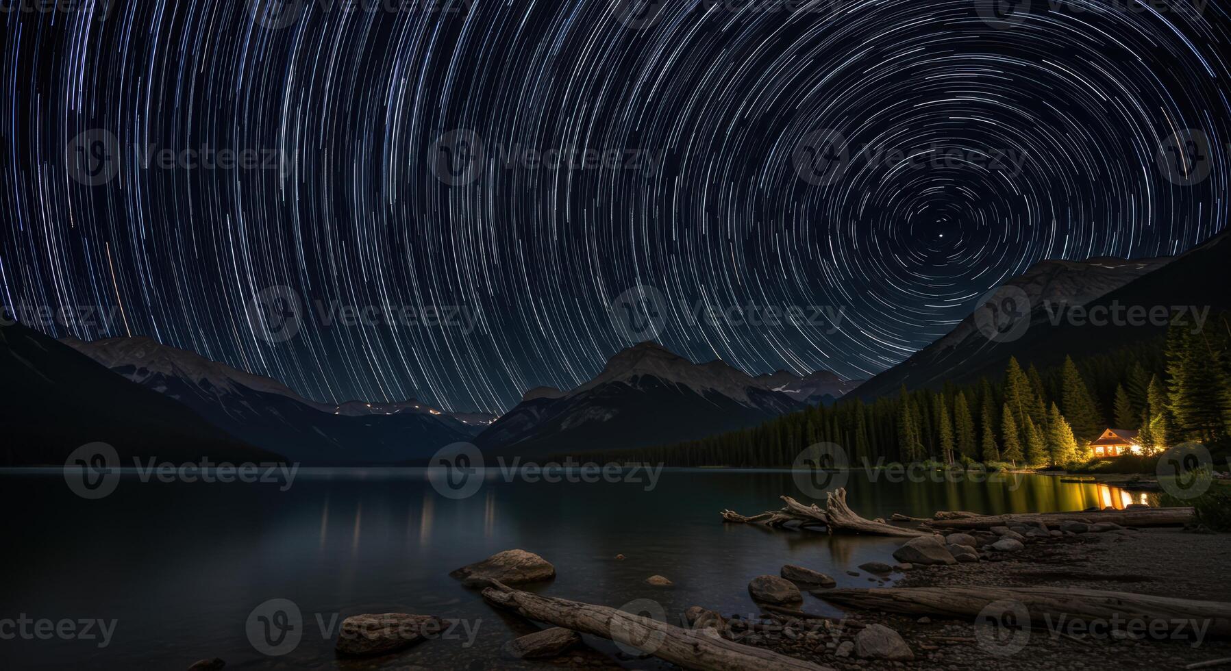 Stunning star trails illuminate a serene lakeside mountain landscape with a glowing cabin under the night sky photo