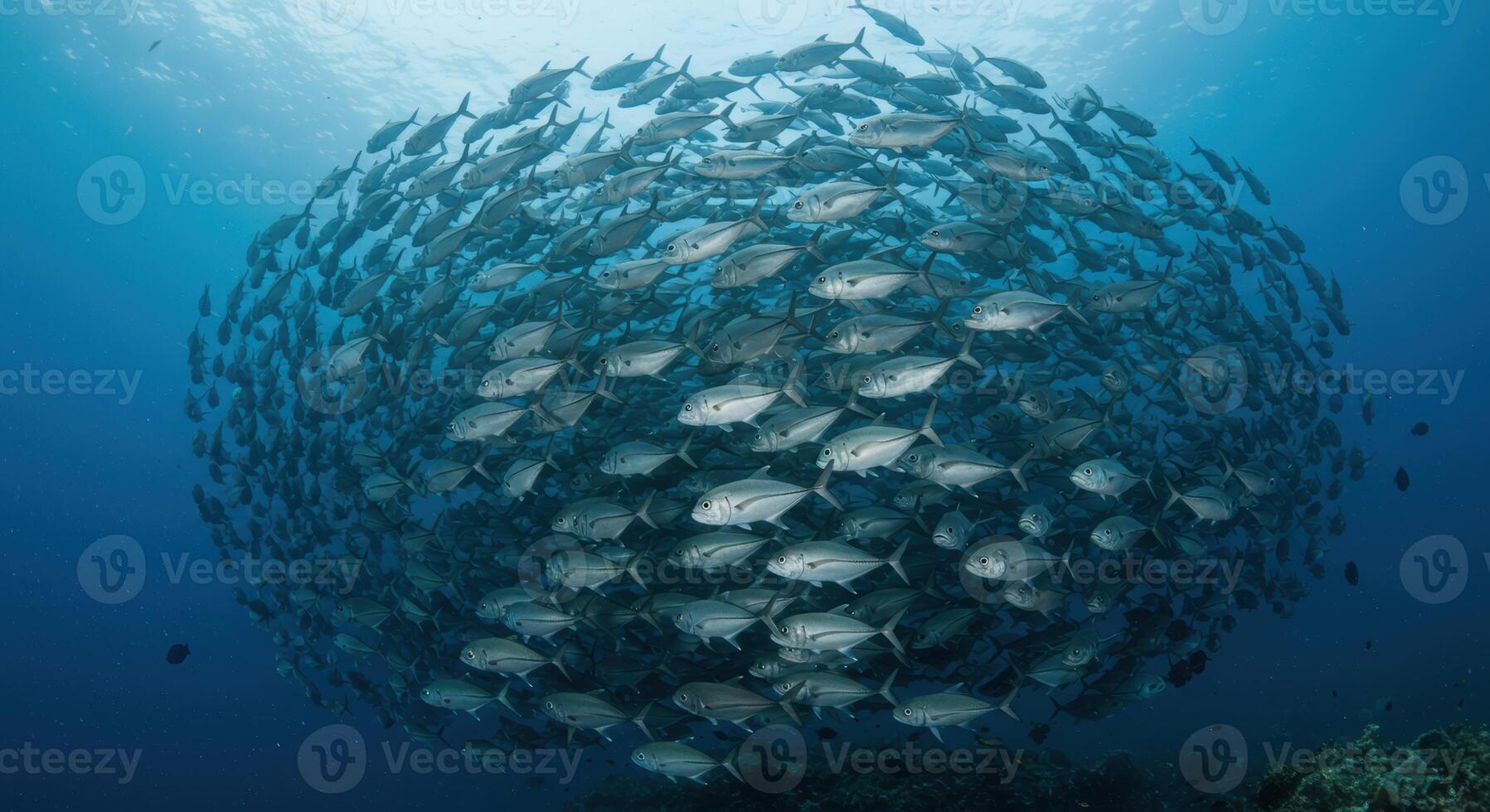 A large school of silver jack fish forms a mesmerizing vortex in the clear blue ocean near a colorful coral reef system photo