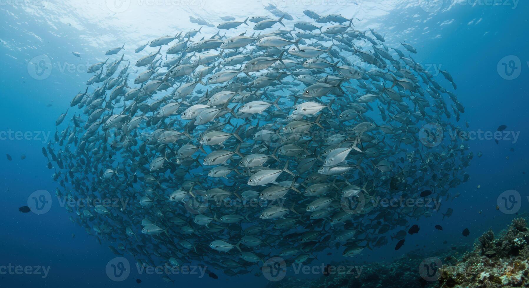 Mesmerizing school of jacks swimming cohesively underwater creating a swirling spectacle within their natural ocean environment photo