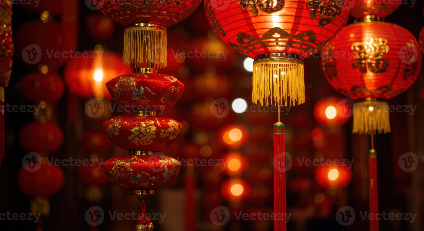 Vibrant red Chinese lanterns glow illuminating ornate designs symbolizing celebration and prosperity photo
