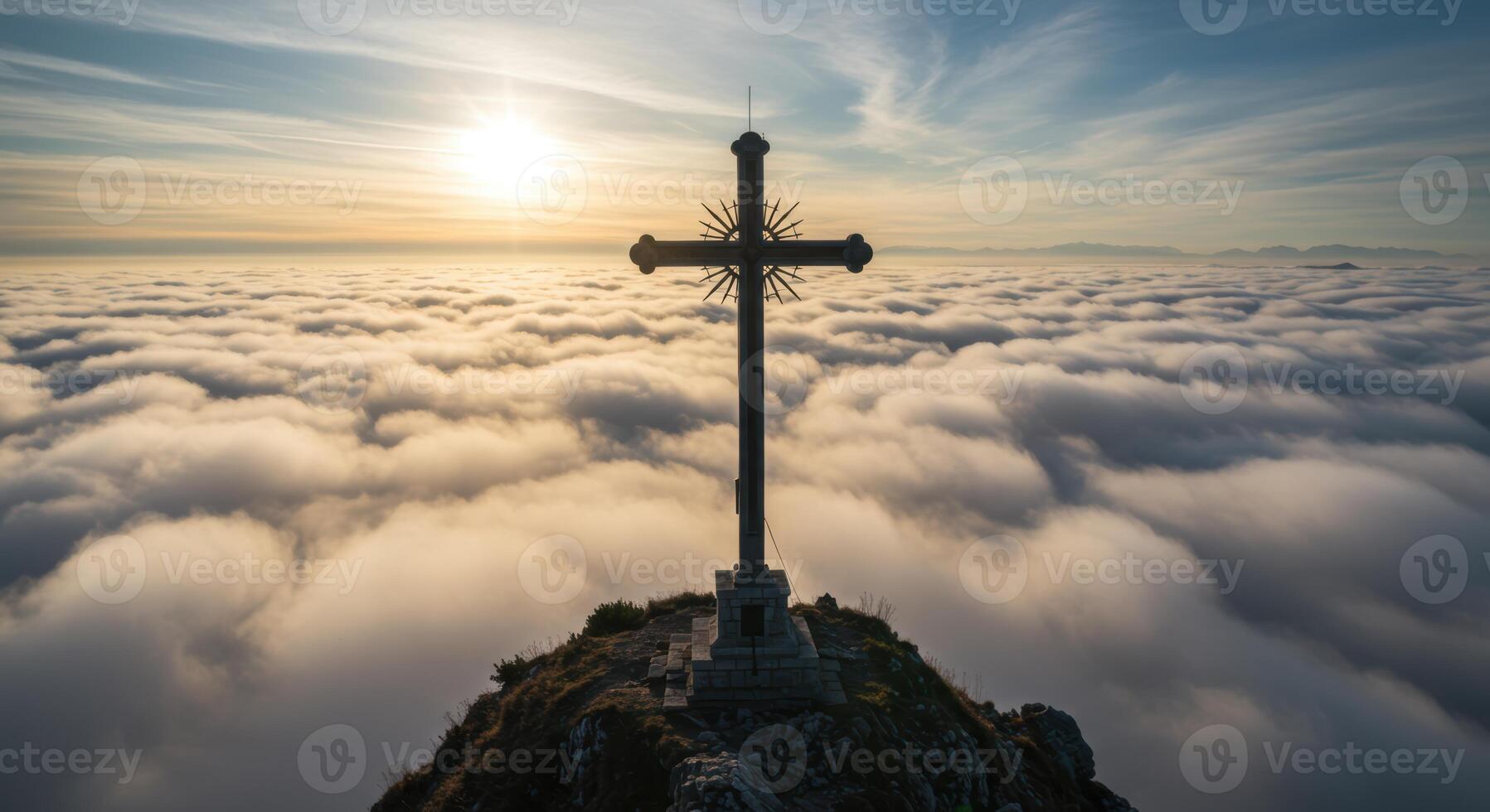 Majestic summit cross pierces through ethereal cloudscape symbolizing faith hope and the serene beauty of the mountains at dusk photo