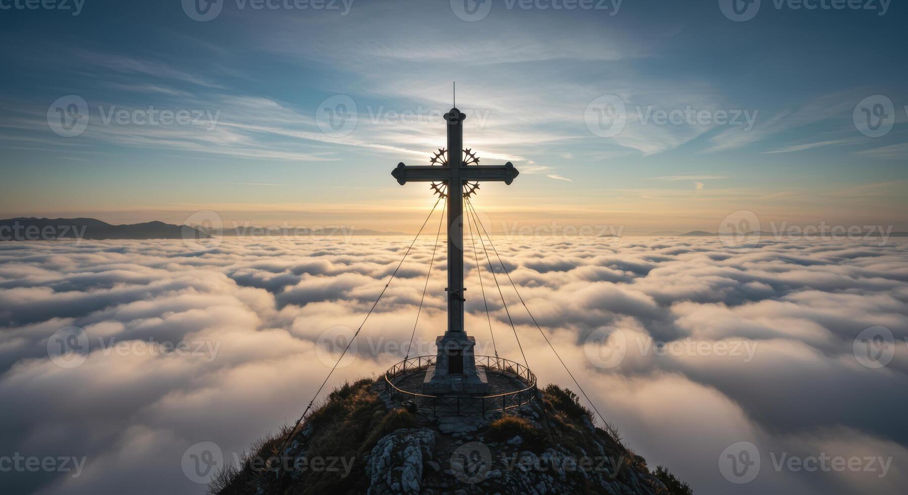 Majestic summit cross stands tall above ethereal clouds during sunrise in the Alps offering a spiritual scenic view photo