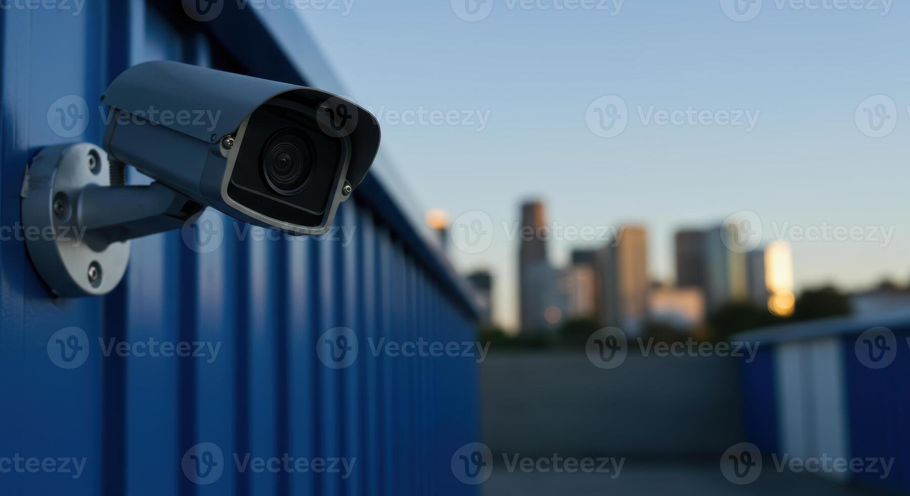 Security camera monitors modern urban infrastructure in a city district at golden hour photo