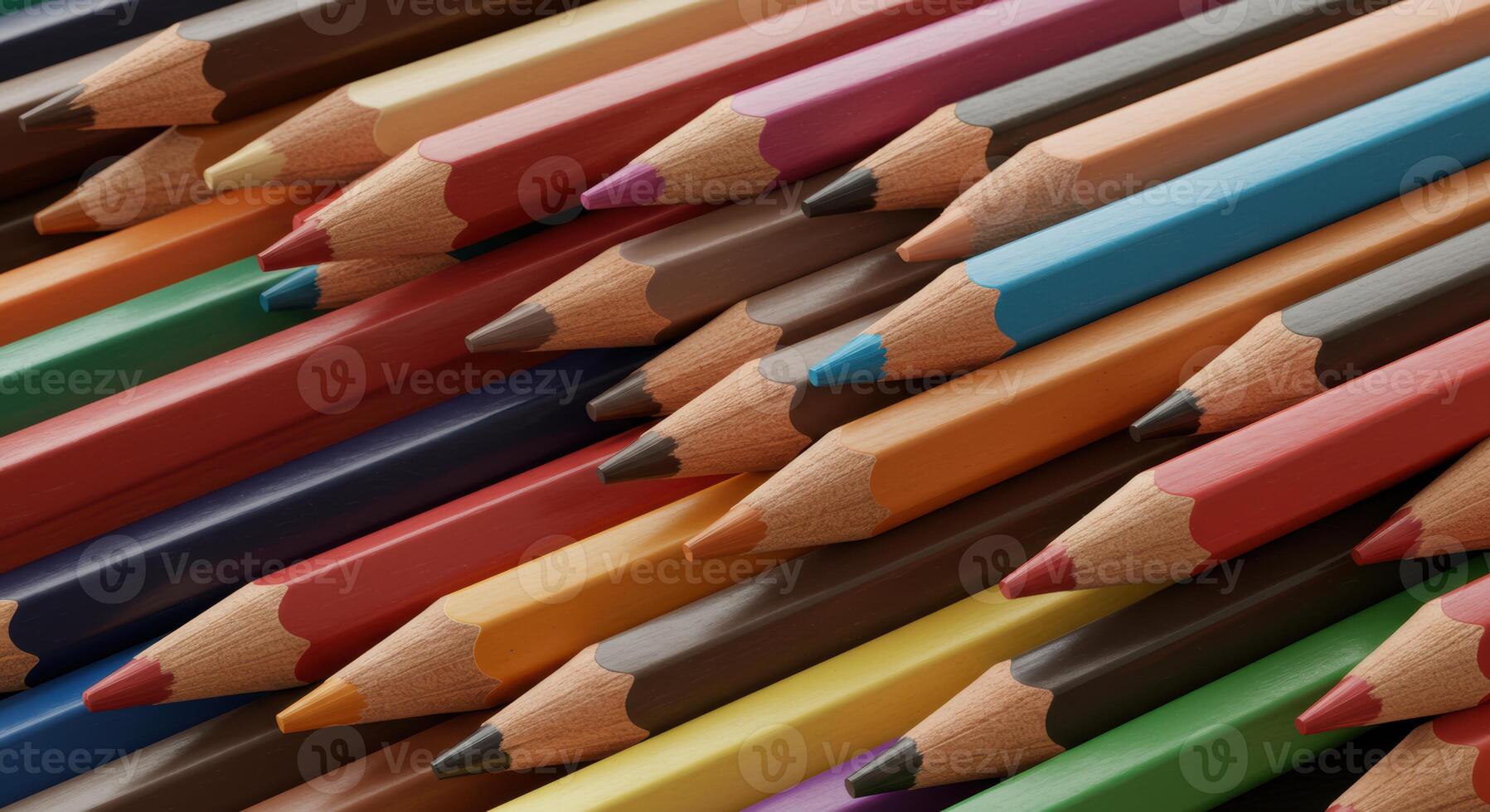 Macro photograph showcasing a vibrant collection of assorted colored pencils perfect for art and educational themes photo