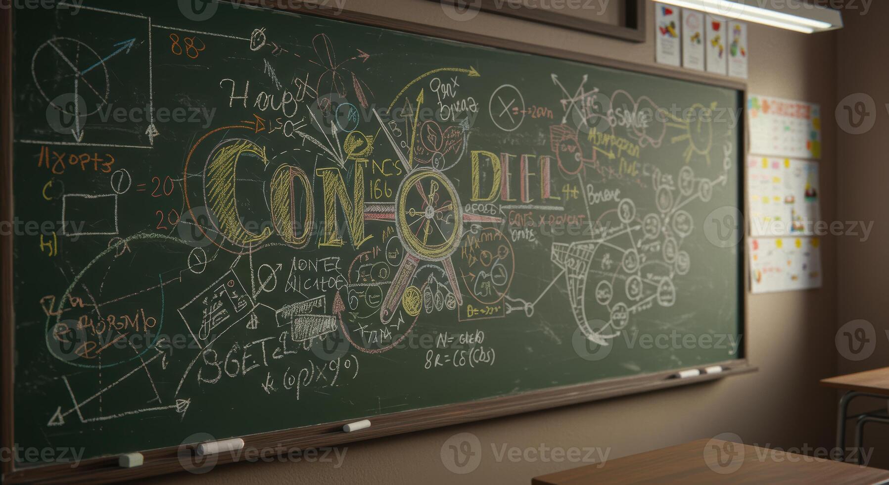Vibrant chalkboard displays complex math and science equations perfect for education and conceptual visuals photo