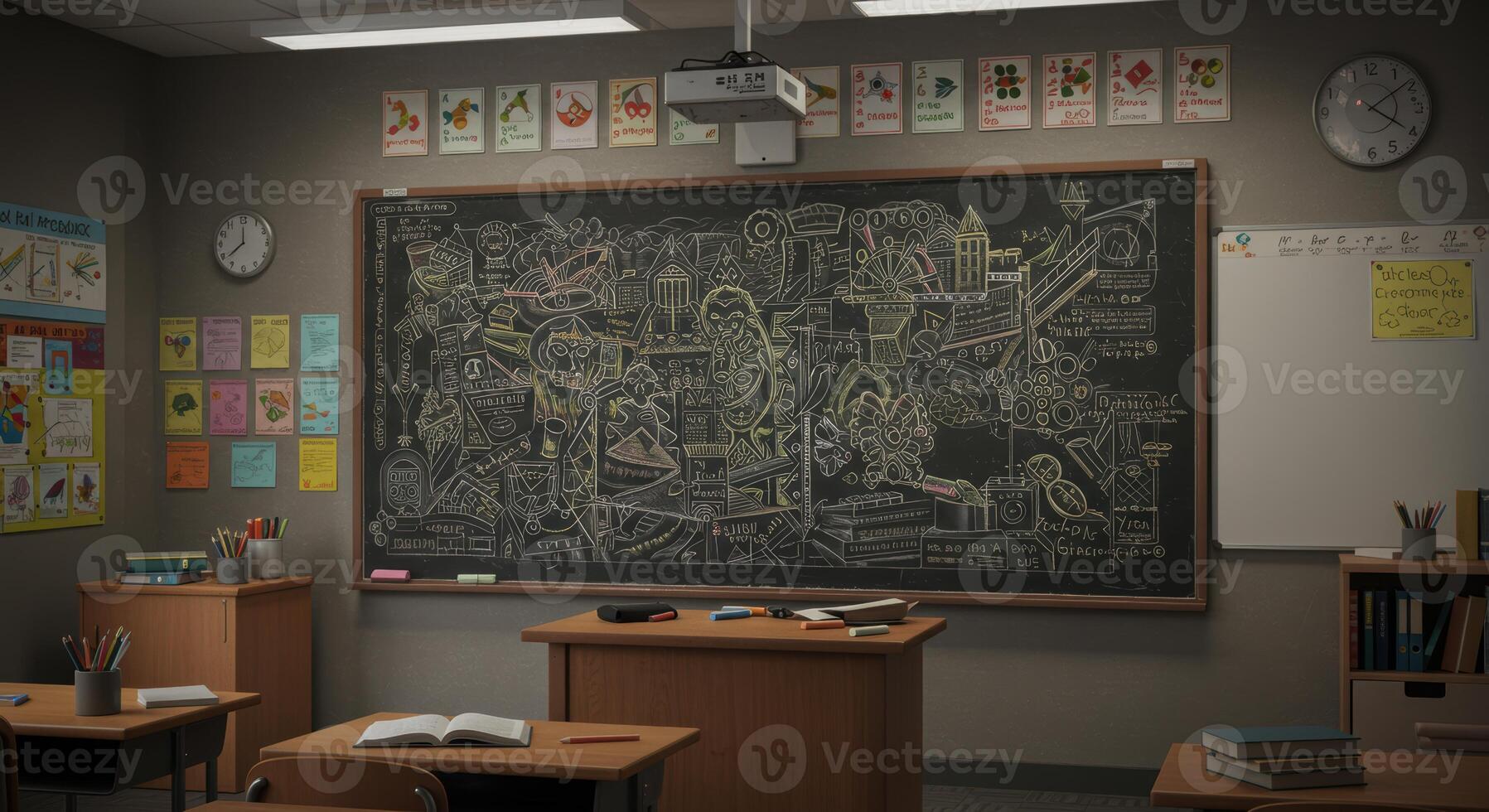 Vintage style classroom showcases a chalkboard filled with detailed drawings and equations creating an inspiring learning environment photo