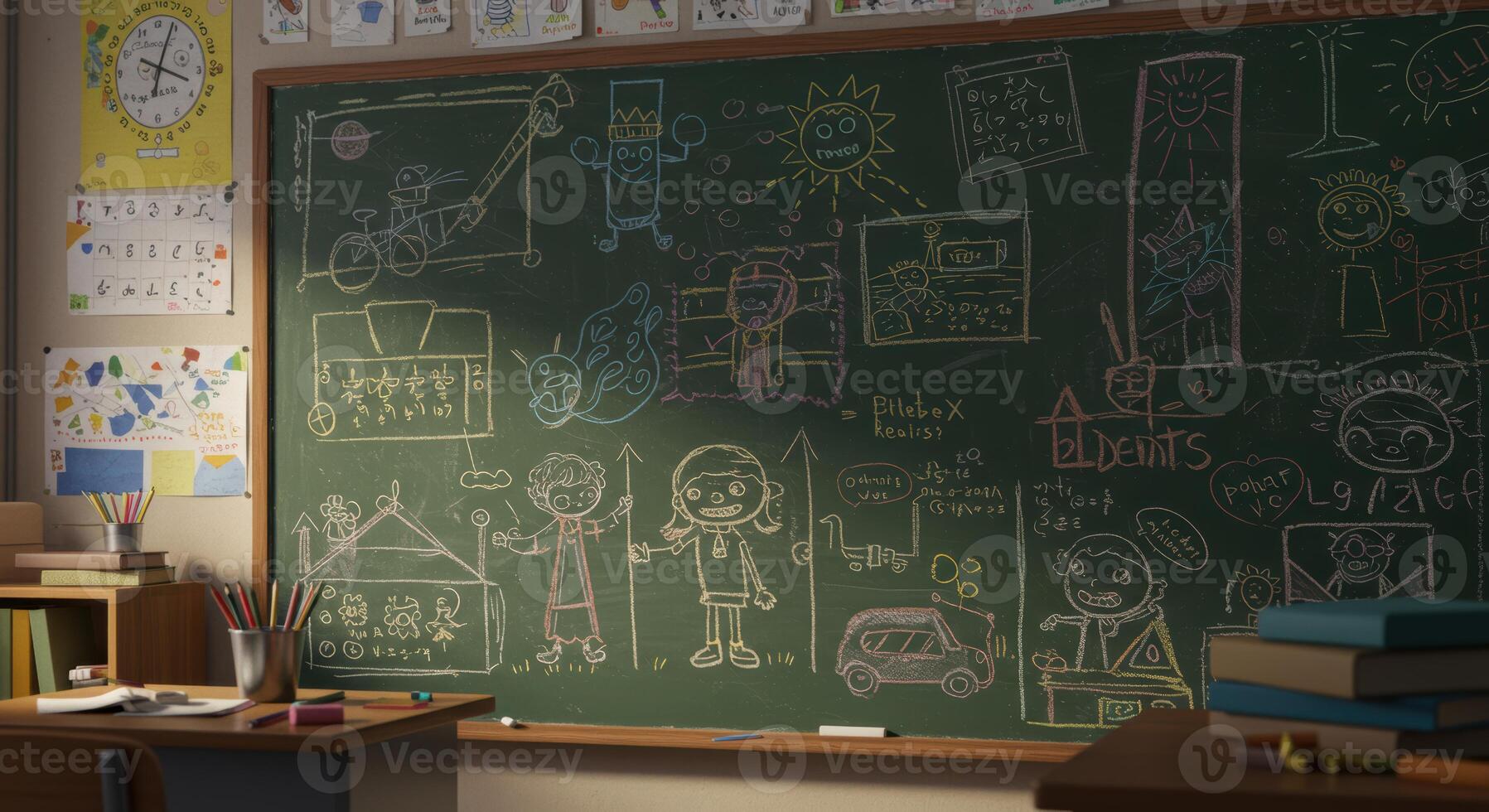 Charming classroom chalkboard scene brimming with colorful childrens drawings and playful educational elements photo