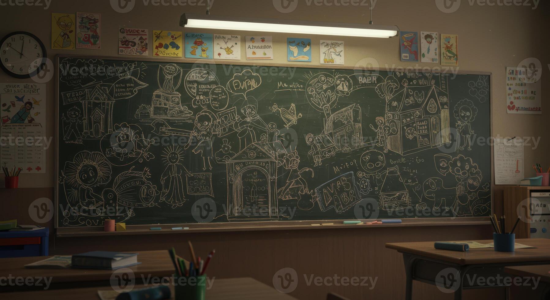 Whimsical drawings on a classroom chalkboard and artwork evoke a creative and playful atmosphere photo