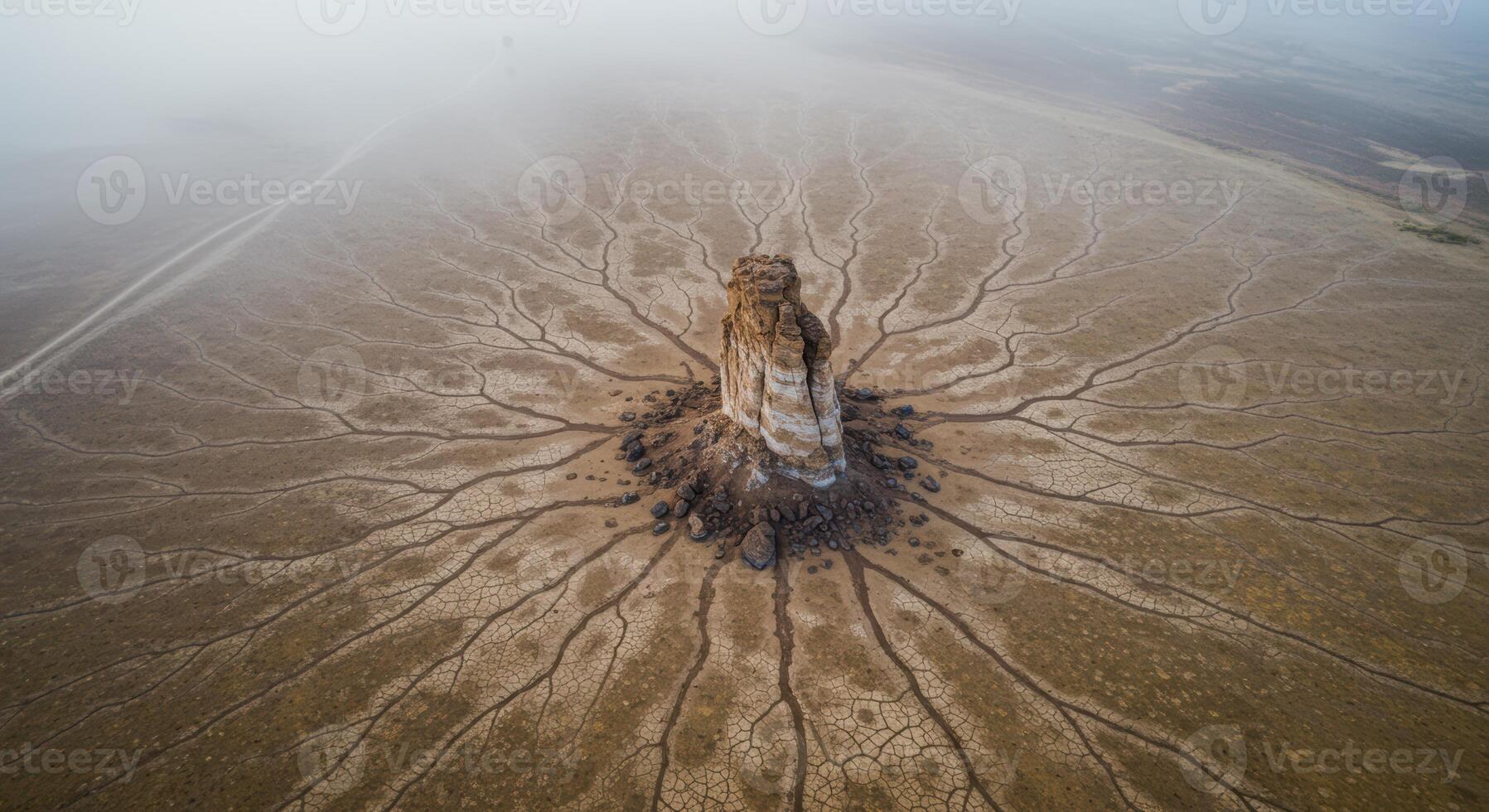 Majestic rock formation stands tall amidst cracked earth patterns creating an otherworldly desolate desert landscape photo