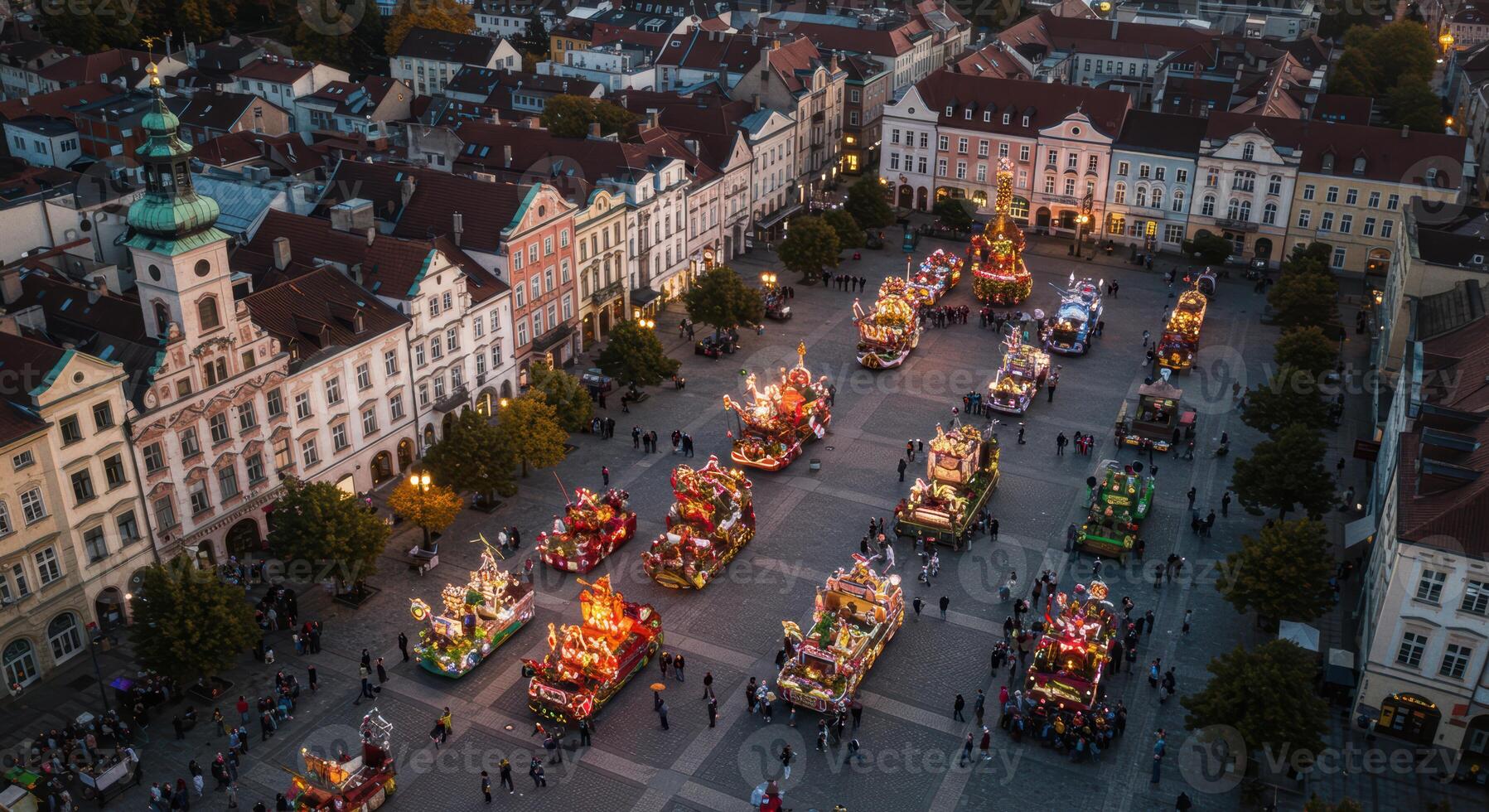 Festive floats illuminate european city square during night parade bringing people together for a vibrant celebration photo