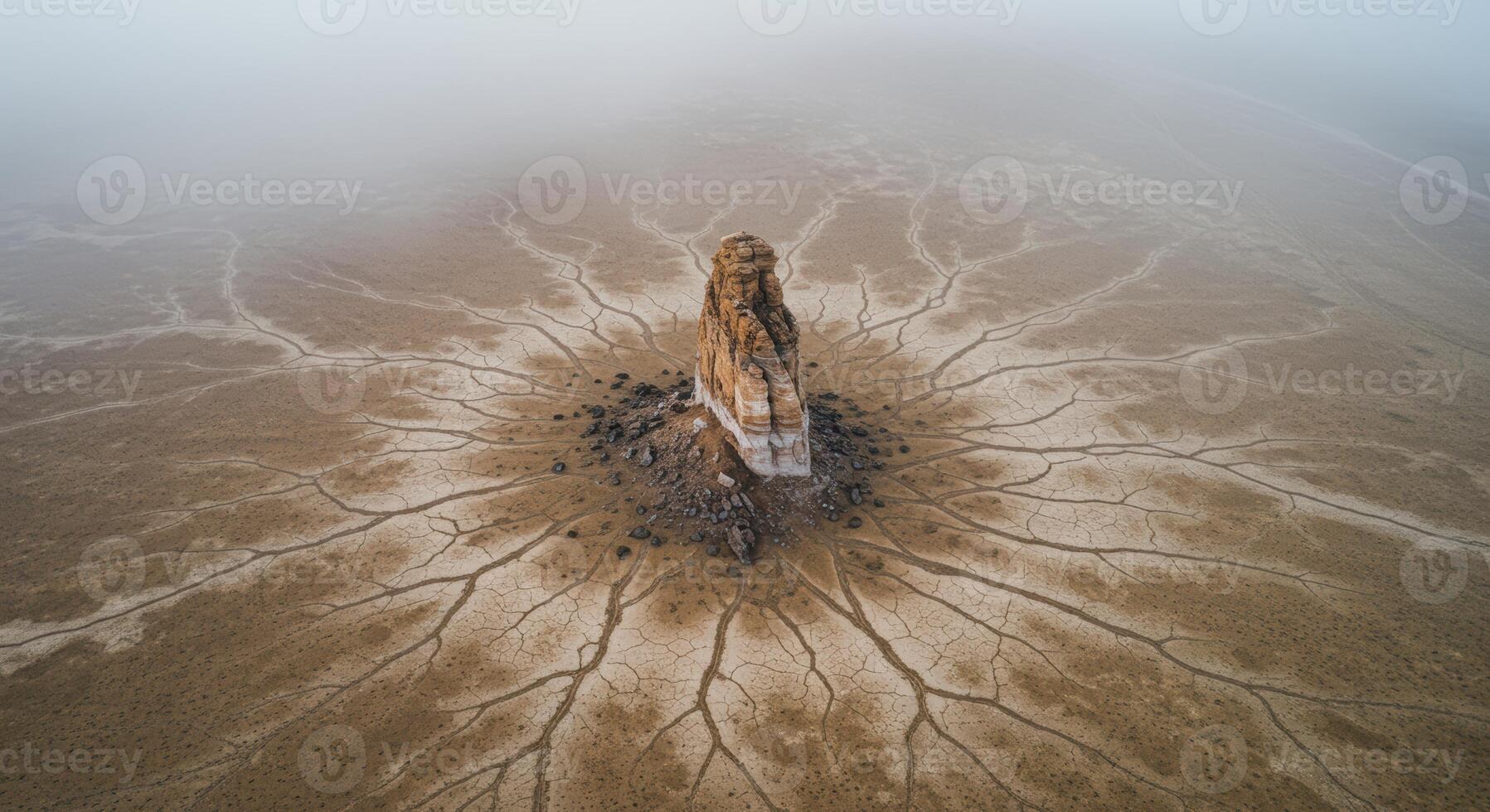 Mystical rock formation rising from a cracked desert floor shrouded in fog creates a dramatic earthy landscape photo