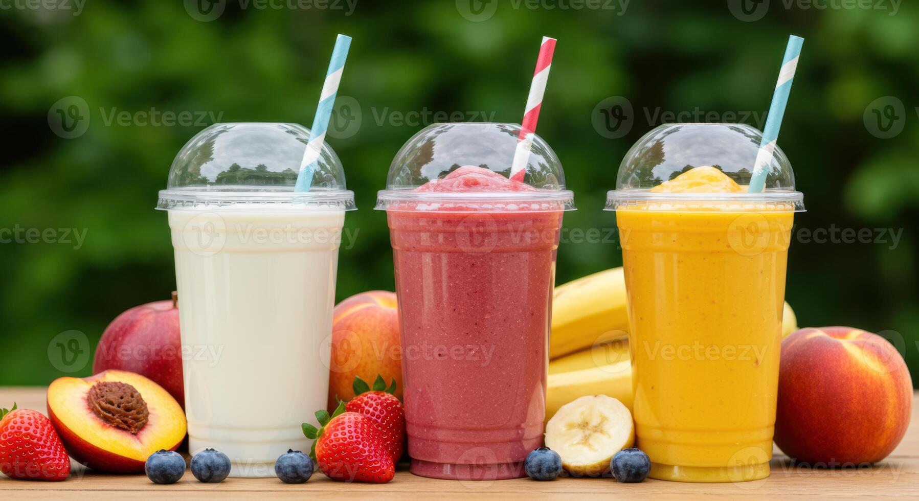 Refreshing fruit smoothies in vibrant colors offer a healthy and delicious drink for a nutritious start or midday boost photo