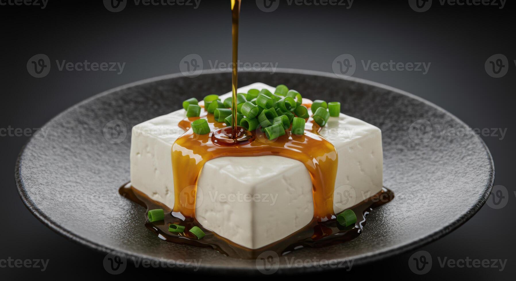 Close up of silken tofu with sauce and onions on a black plate in a studio setting ready to eat photo