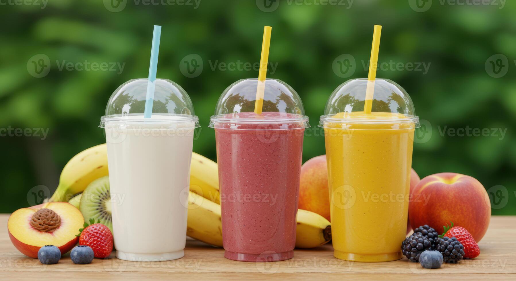 Colorful fruit smoothies offer a healthy and refreshing treat with fresh strawberry kiwi banana peach blackberry and blueberry photo