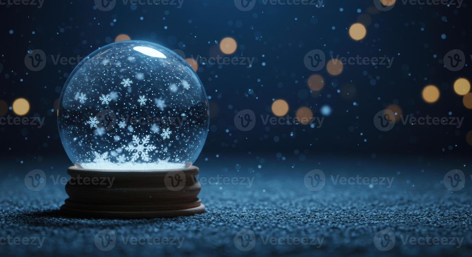 Enchanting snow globe with shimmering snowflakes creates a magical winter holiday scene with bokeh lights and festive atmosphere photo