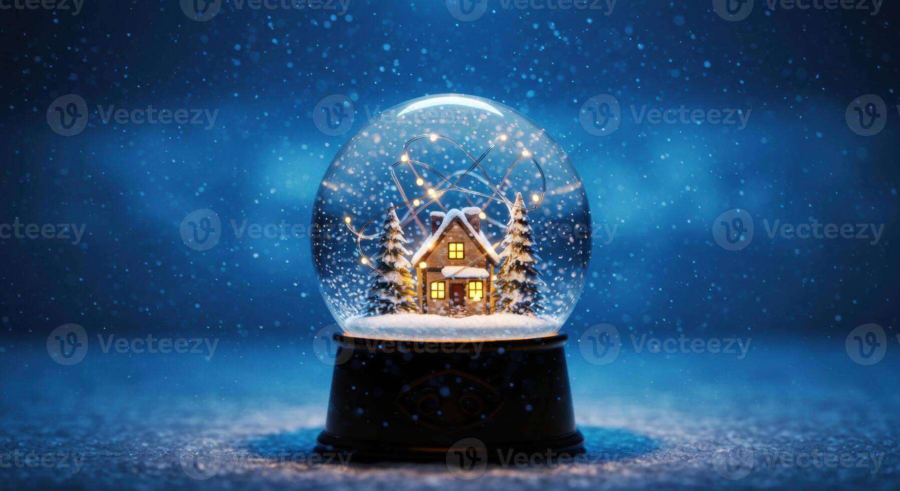 Enchanting winter scene inside a snow globe featuring a quaint house and falling snow for a magical holiday mood photo
