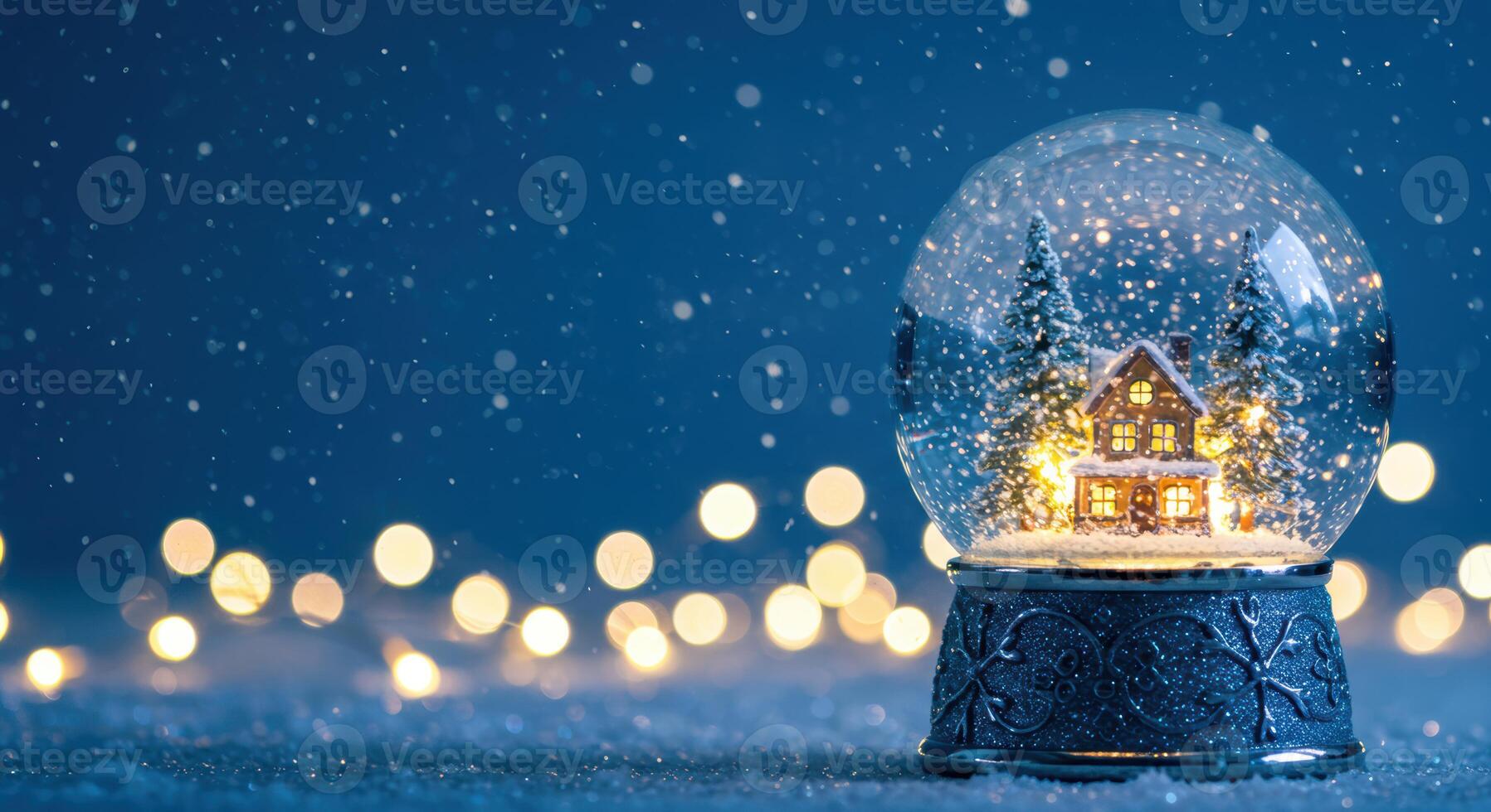 Enchanting winter scene featuring a snow globe with a charming house and trees sparkling with holiday magic photo