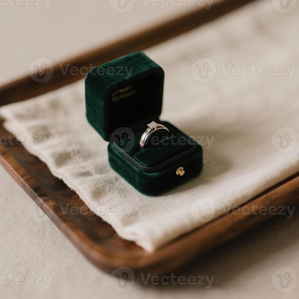 A wedding ring in a velvet box on a table photo