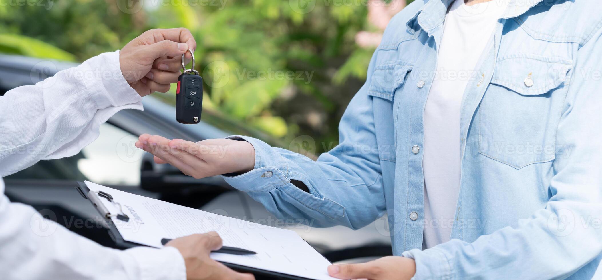 lease, rental car, sell, buy. Dealership manager send car keys to the new owner. Sales, loan credit financial, rent vehicle, insurance, renting, Seller, dealer, installment car care business. photo