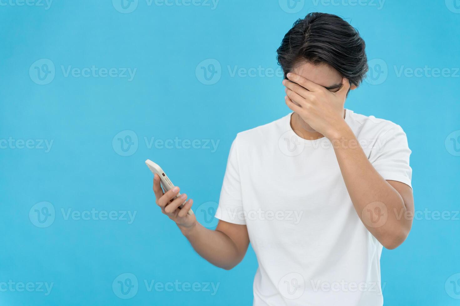 Depression and mental illness. man disappoint, sad after receive bad news. Stressed boy confused with unhappy problem, arguing with girlfriend, cry and worry about unexpected work, down economy photo