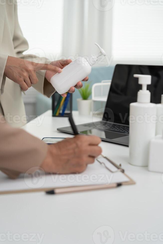 working woman present product for customer, research and development discuss and point weakness and strong of product, investment, marketing, trending products report, findings and idea photo