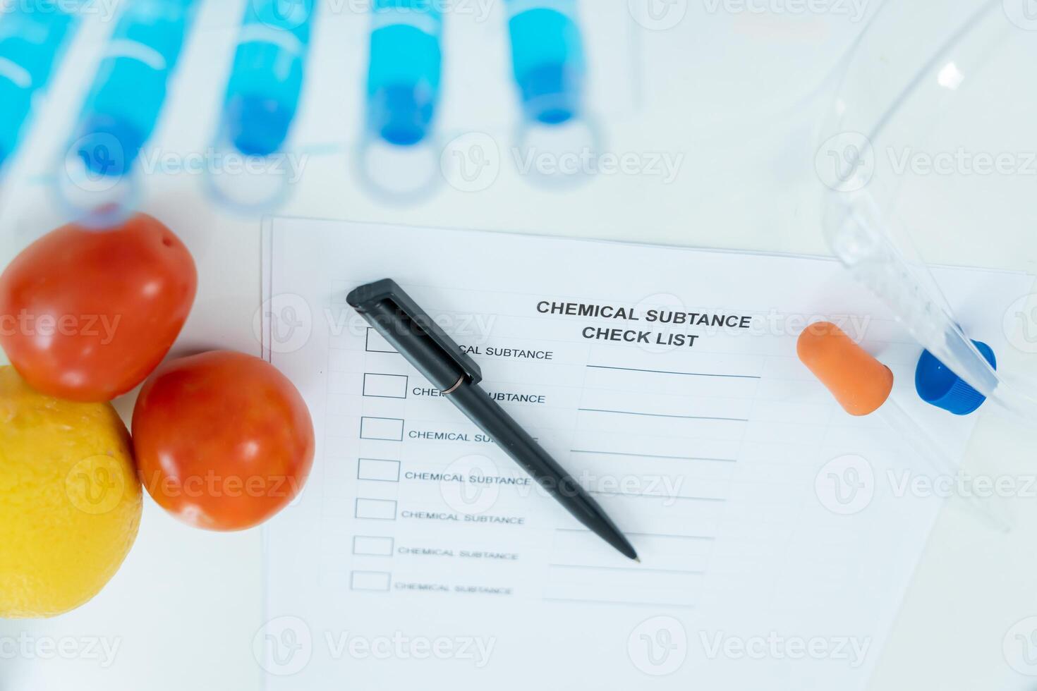 Chemical substance check list for chemical food residues in laboratory. Control experts inspect quality of fruits, vegetables. lab, find prohibited substances, contaminate, Microscope, Microbiologis photo