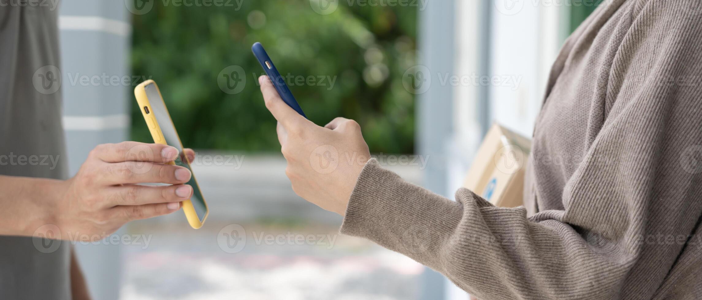 Happy smile Asia woman scan QR code for pay of food. Delivery man send deliver express. online shop, paper container, takeaway, postman, delivery service, packages, electronic money, Digital transfer. photo