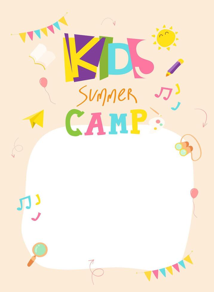 Pastel color summer camp poster for kids featuring fun icons and blank white area for text or message ideal for school event or invitation template vector