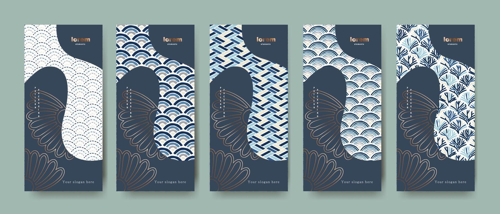 Stylized Japanese seamless patterns combining waves and abstract geometry. Perfect for packaging, wrapping, stationery, product background, and decorative use. vector