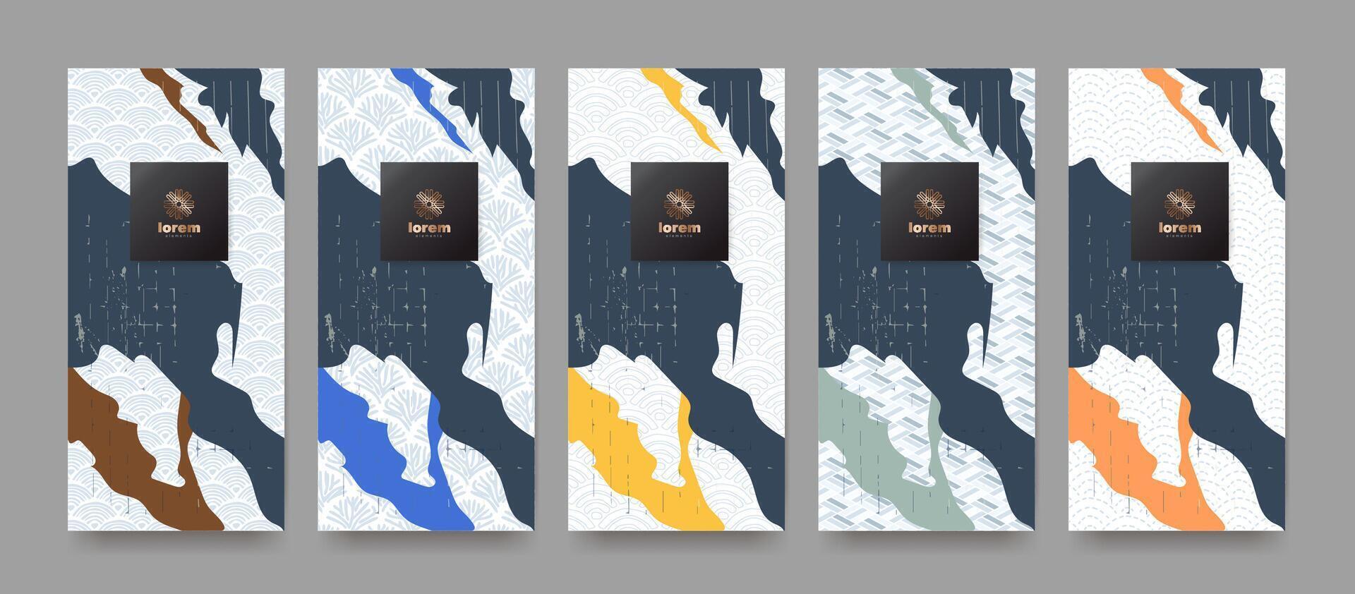 Premium quality seamless Japanese patterns with abstract brush forms and traditional cultural motifs. Perfect for packaging, branding, product design, and stationery. vector