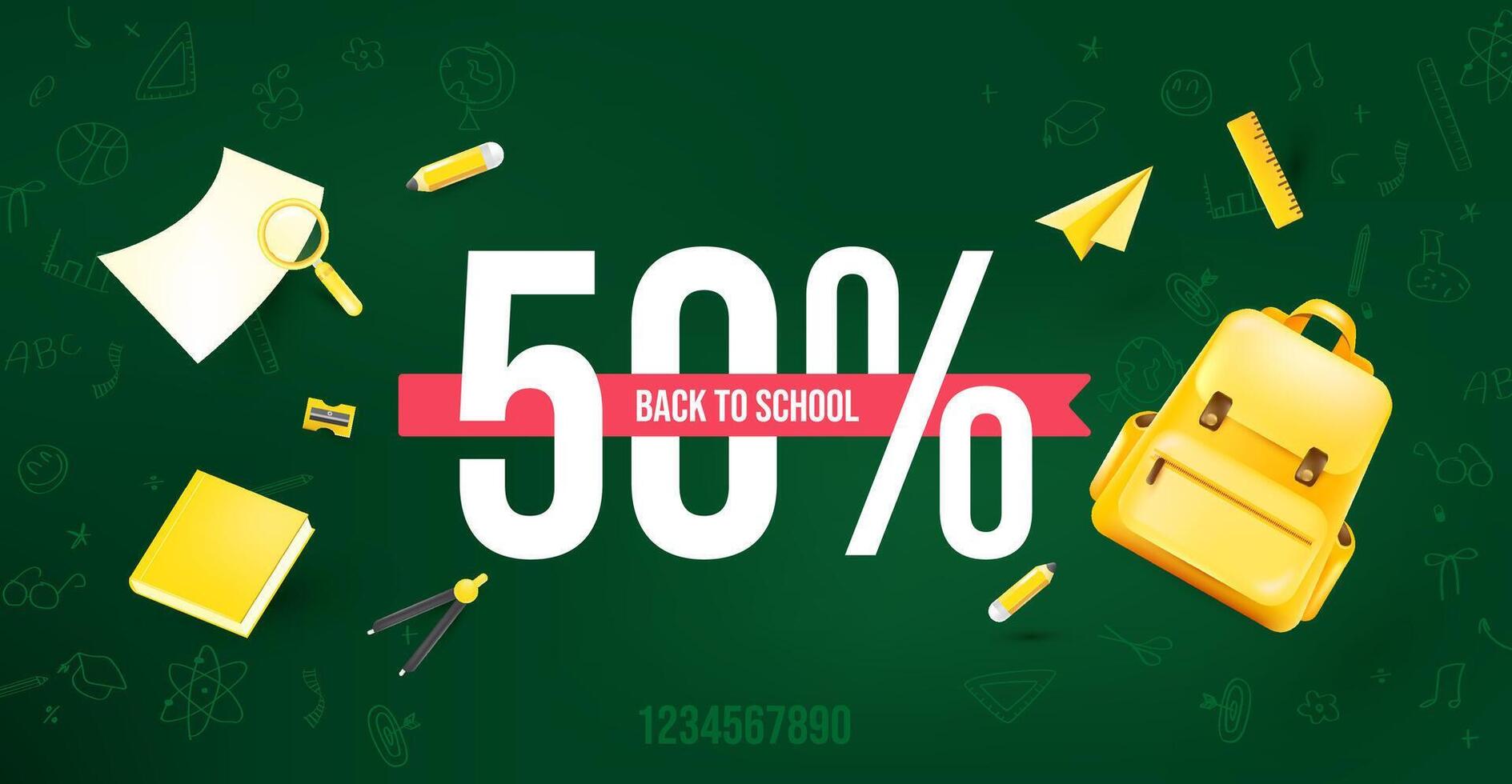 Colorful back to school sale banner with green chalkboard background and yellow backpack surrounded by school items for promotional and educational design vector